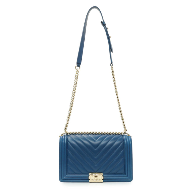 Chanel Blue Lambskin Chevron Quilted New Medium Boy Flap Handbags Chanel