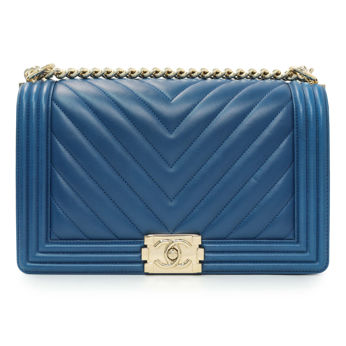 Chanel Blue Lambskin Chevron Quilted New Medium Boy Flap Handbags Chanel
