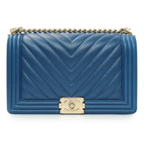 Chanel Blue Lambskin Chevron Quilted New Medium Boy Flap Handbags Chanel