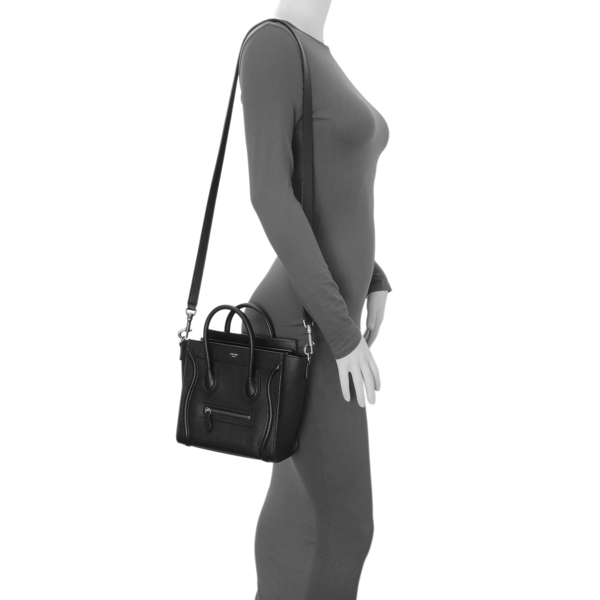 Celine Black Drummed Calfskin Nano Luggage Tote Handbags Celine