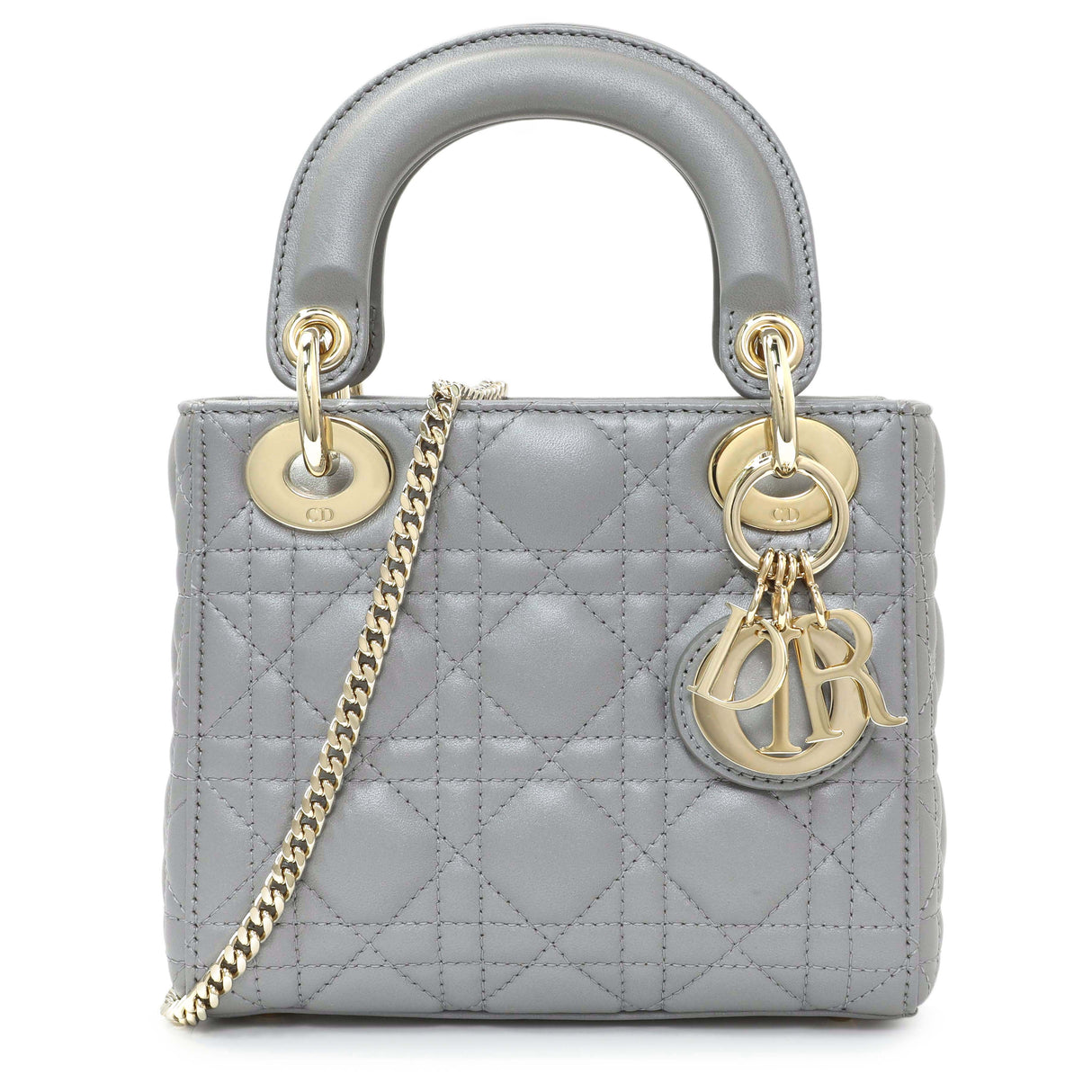 Christian Dior Grey Metallic Lambskin Cannage Mini Lady Dior