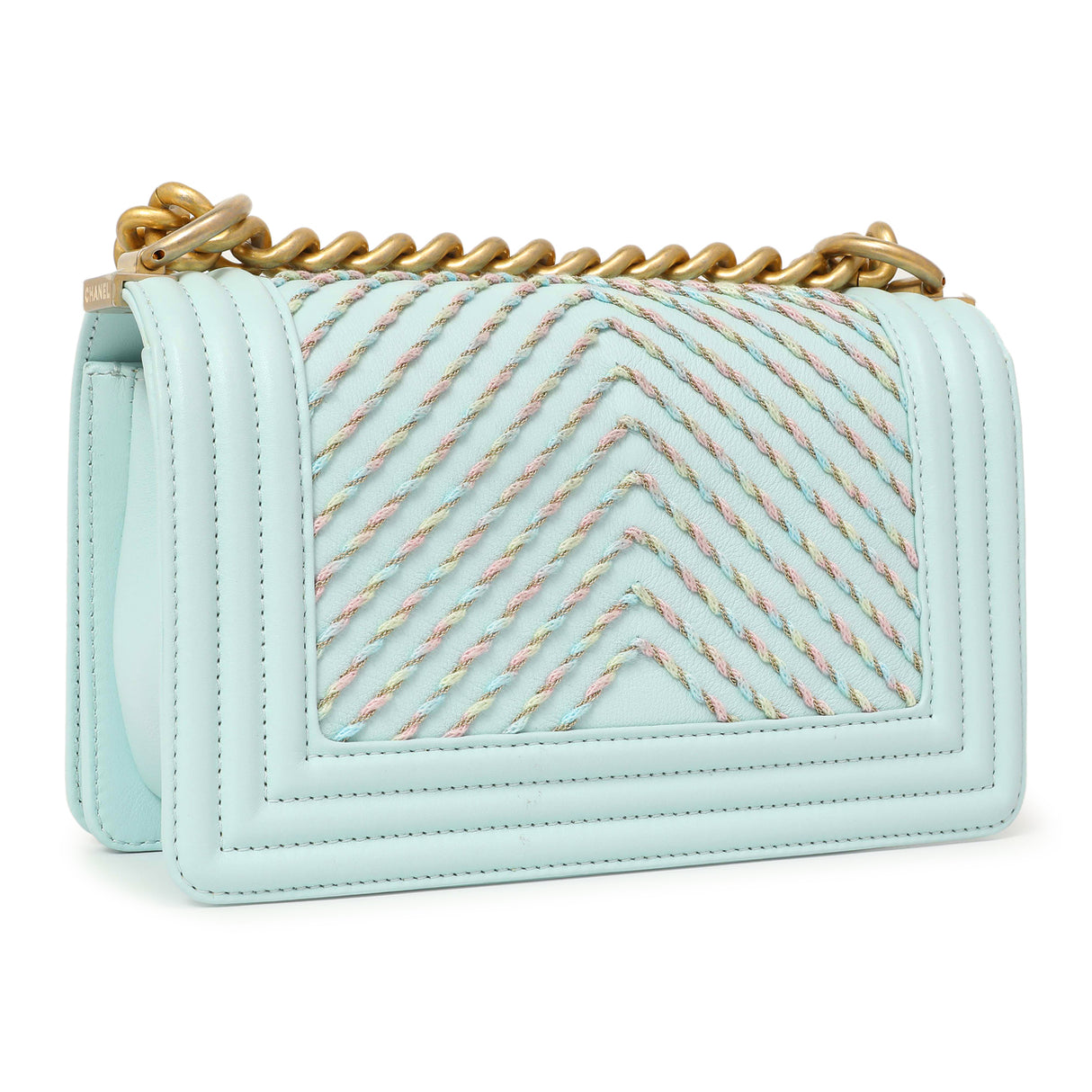 Chanel Light Blue Calfskin Chevron Embroidered Small Boy By The Sea