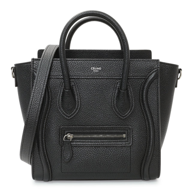 Celine Black Drummed Calfskin Nano Luggage Tote Handbags Celine