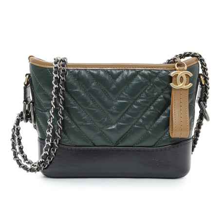 Chanel Green Aged Calfskin Chevron Quilted Small Gabrielle Hobo Handbags Chanel