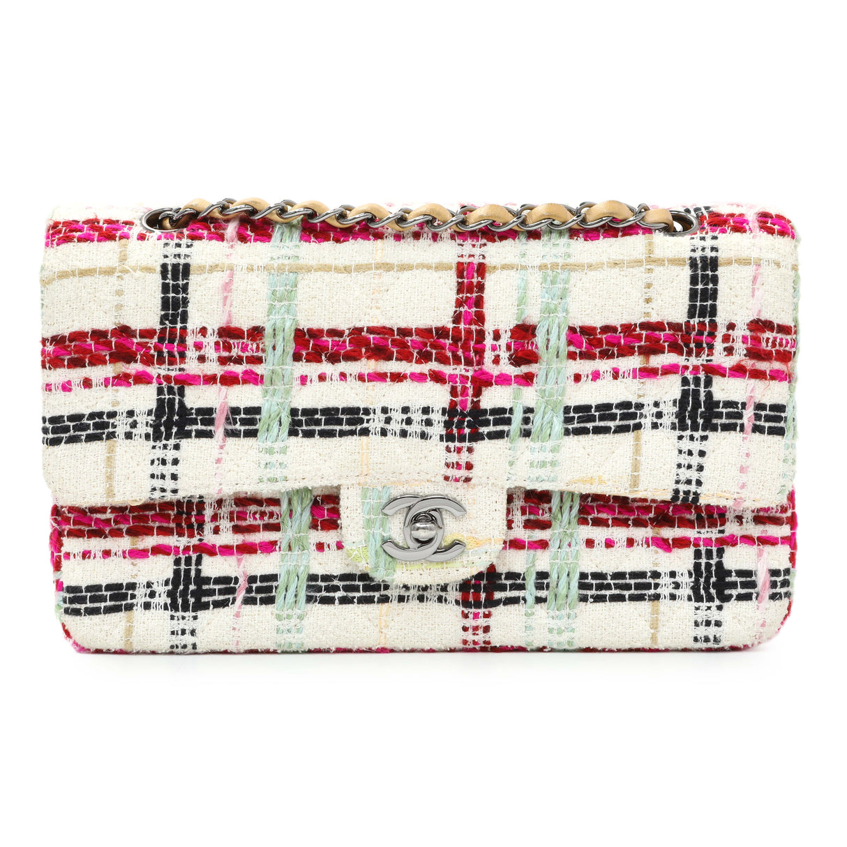 Chanel White Pink Tweed Quilted Medium Double Flap Handbags Chanel
