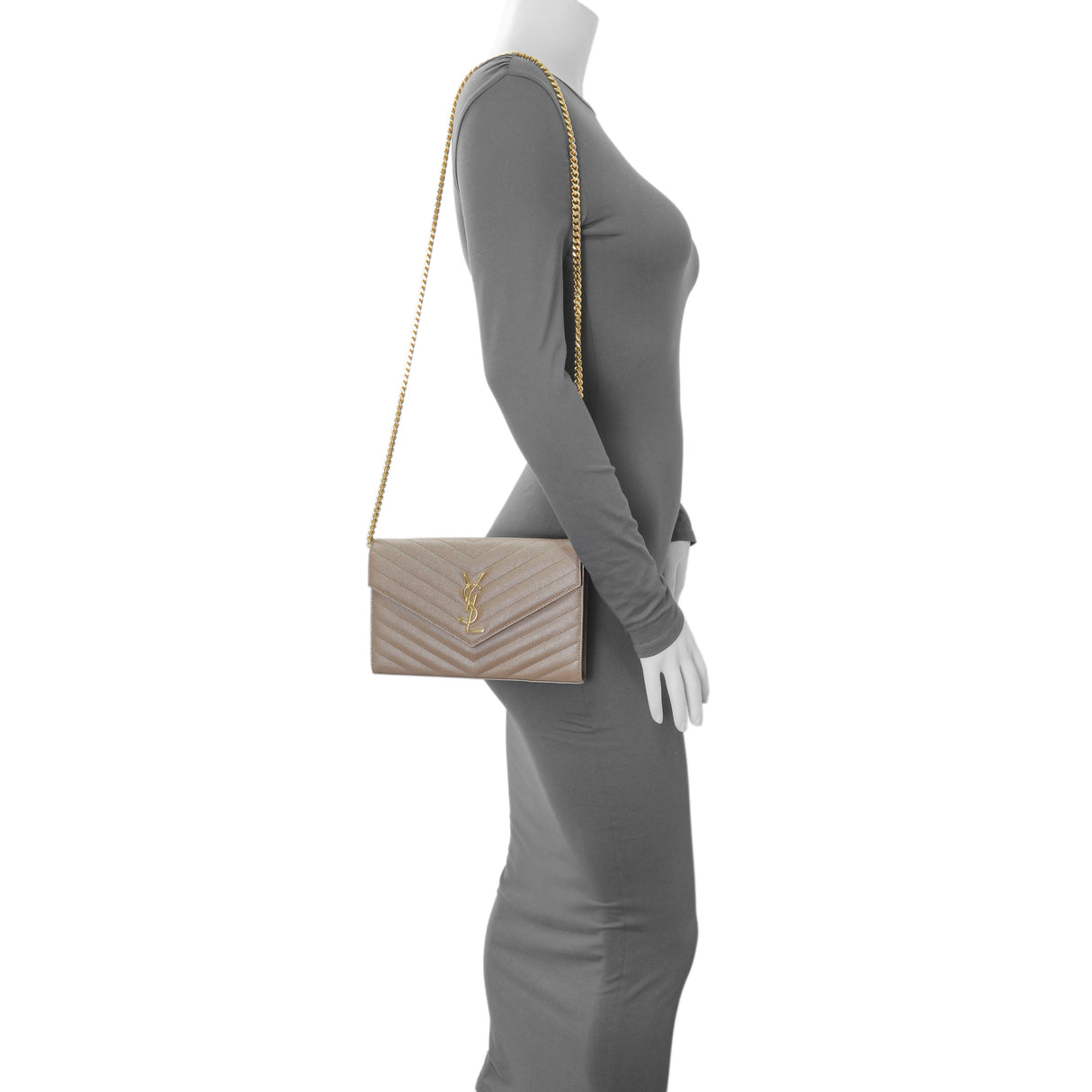 Saint Laurent Dark Beige Grain De Poudre Cassandre Chain Wallet Handbags Saint Laurent