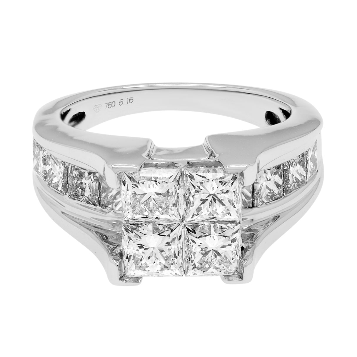 18K White Gold 3.48 Carat Princess Cluster Ring