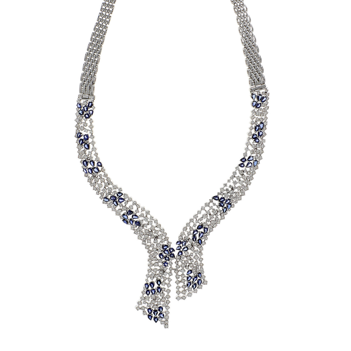 14K White Gold 14.74 Carat Sapphire & Diamond Collier Necklace