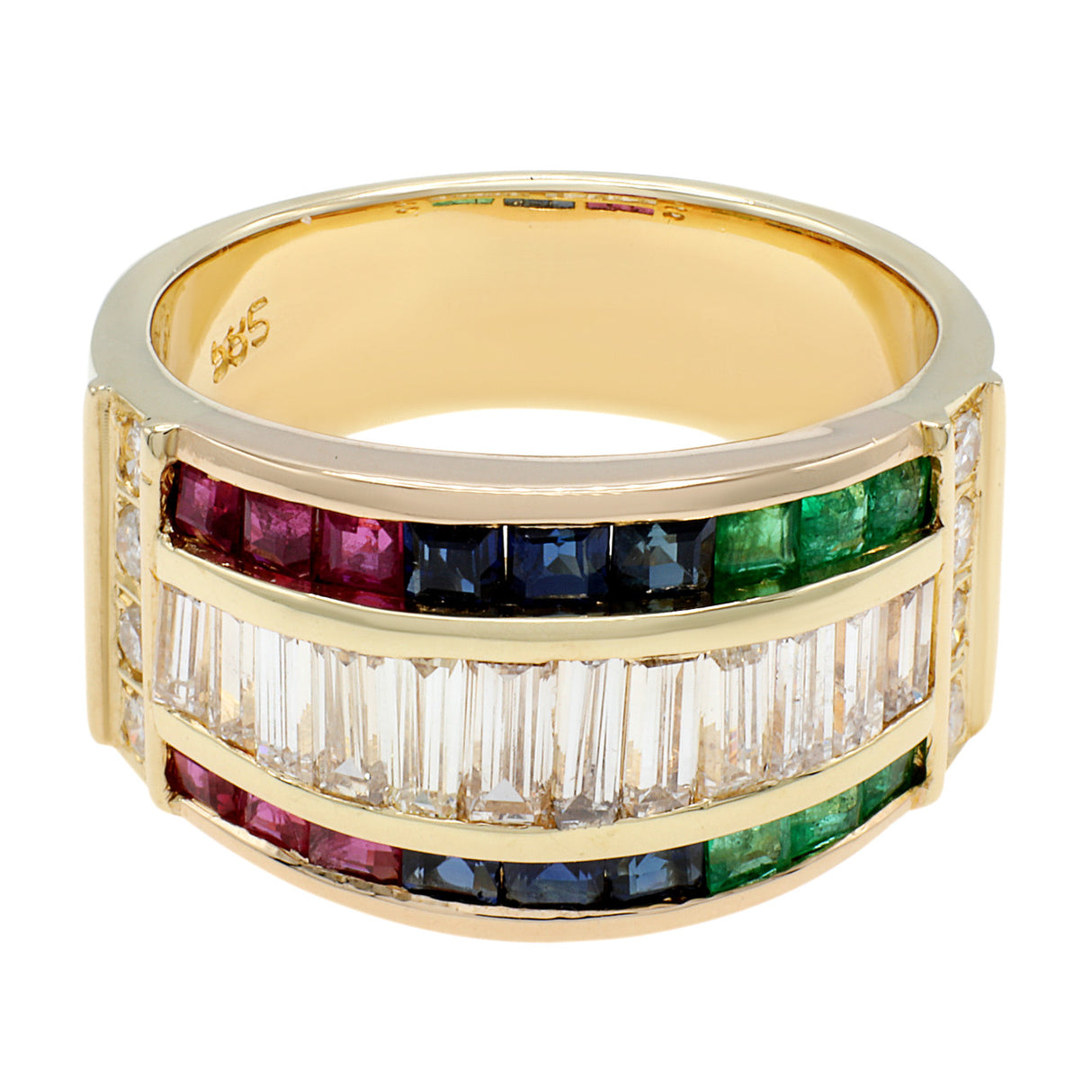 14K Yellow Gold Diamond Emerald Sapphire Ruby Ring