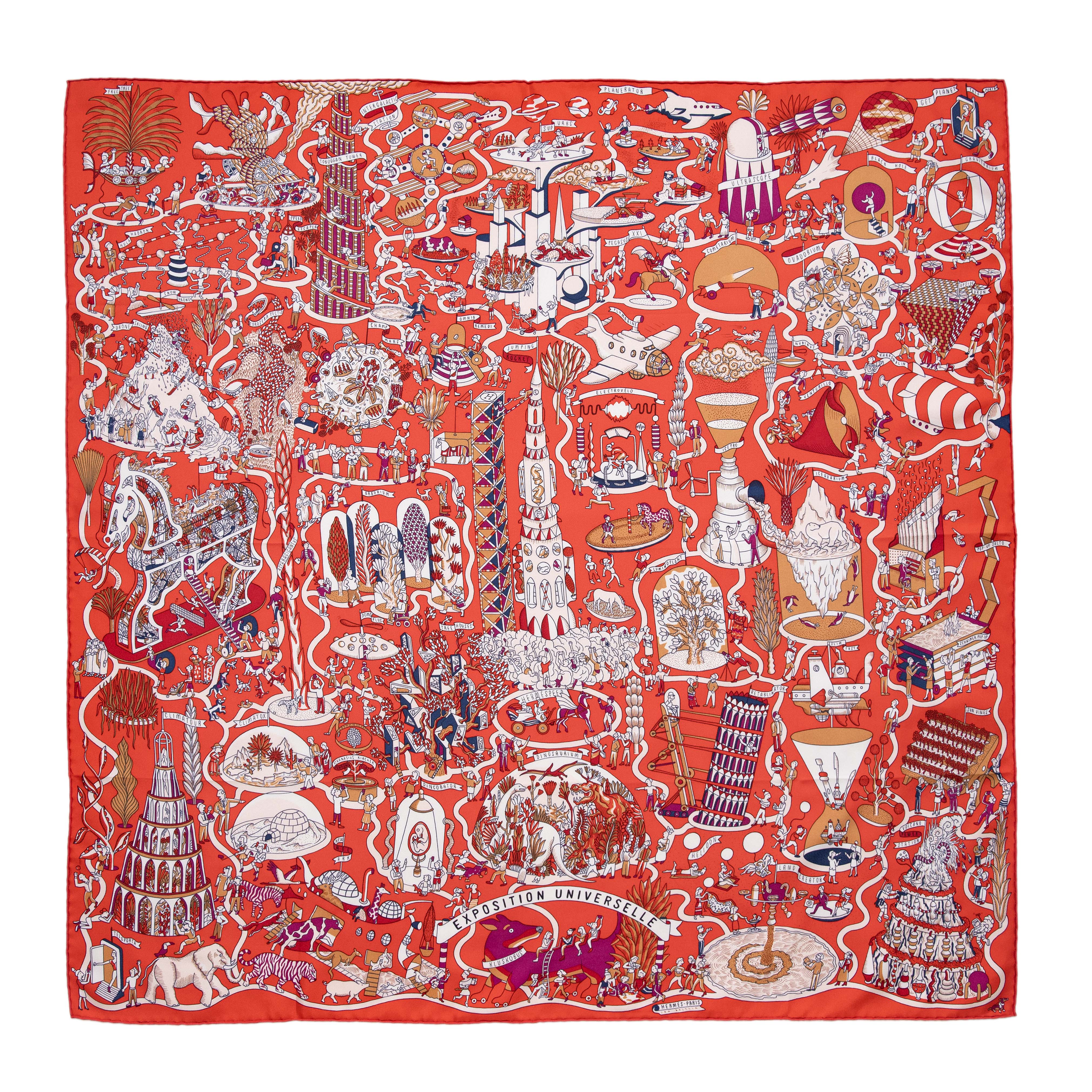 Hermes Rouge Creme Violet Silk Exposition Universelle Scarf 90