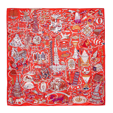 Hermes Rouge Creme Violet Silk Exposition Universelle Scarf 90