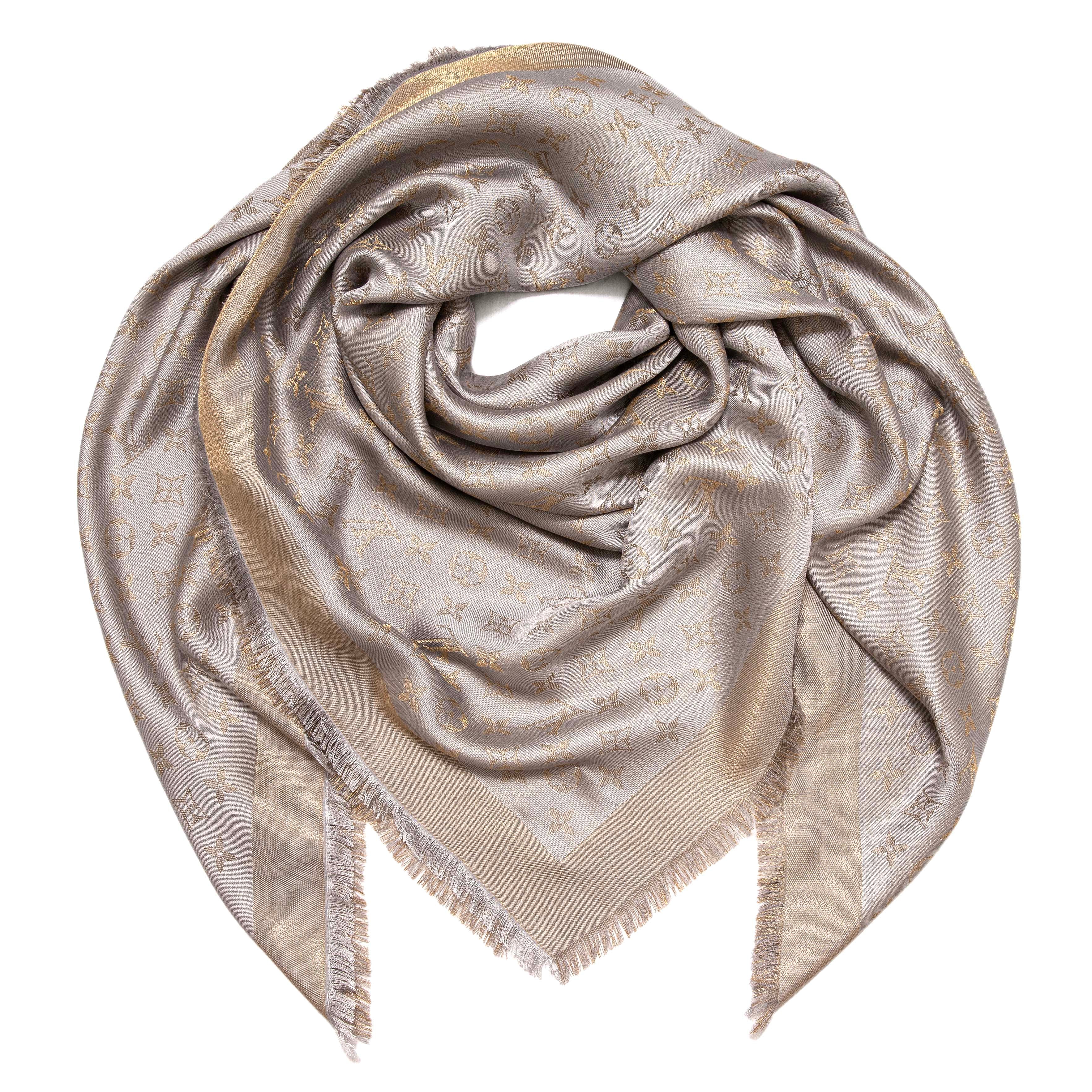 Louis Vuitton Greige Monogram Shine Shawl – Modaselle Louis Vuitton Greige Monogram Shine Shawl – Modaselle