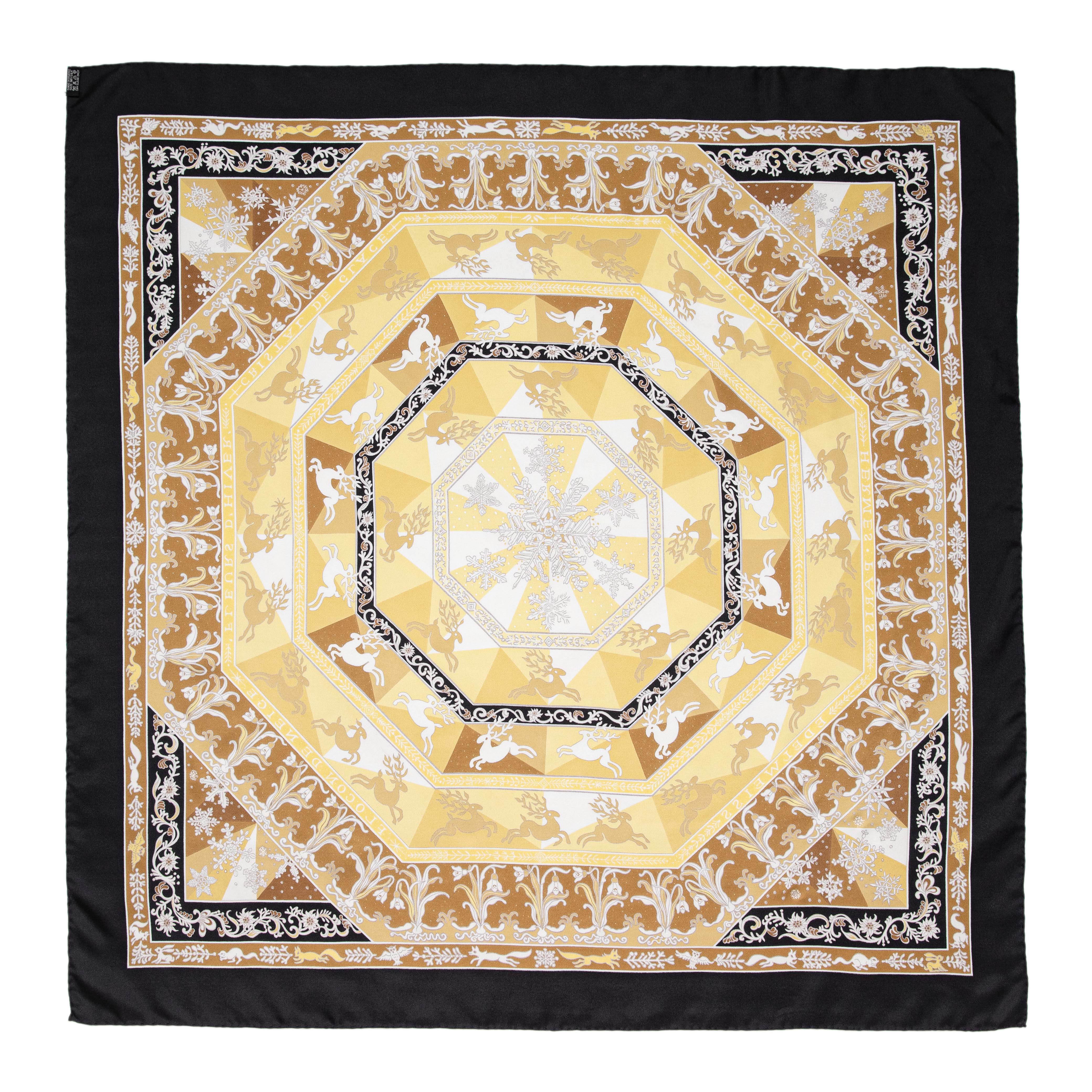 Hermes Noir Jaune Or Silk Fleurs D'Hiver Scarf 90 – Modaselle