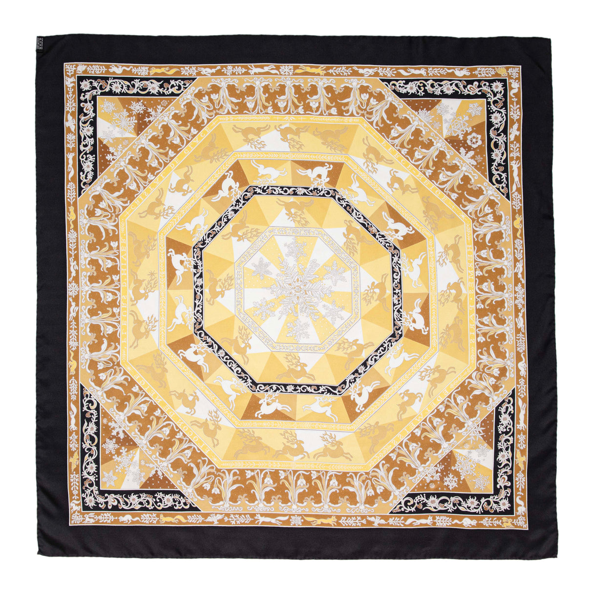 Hermes Noir Jaune Or Silk Fleurs D'Hiver Scarf 90