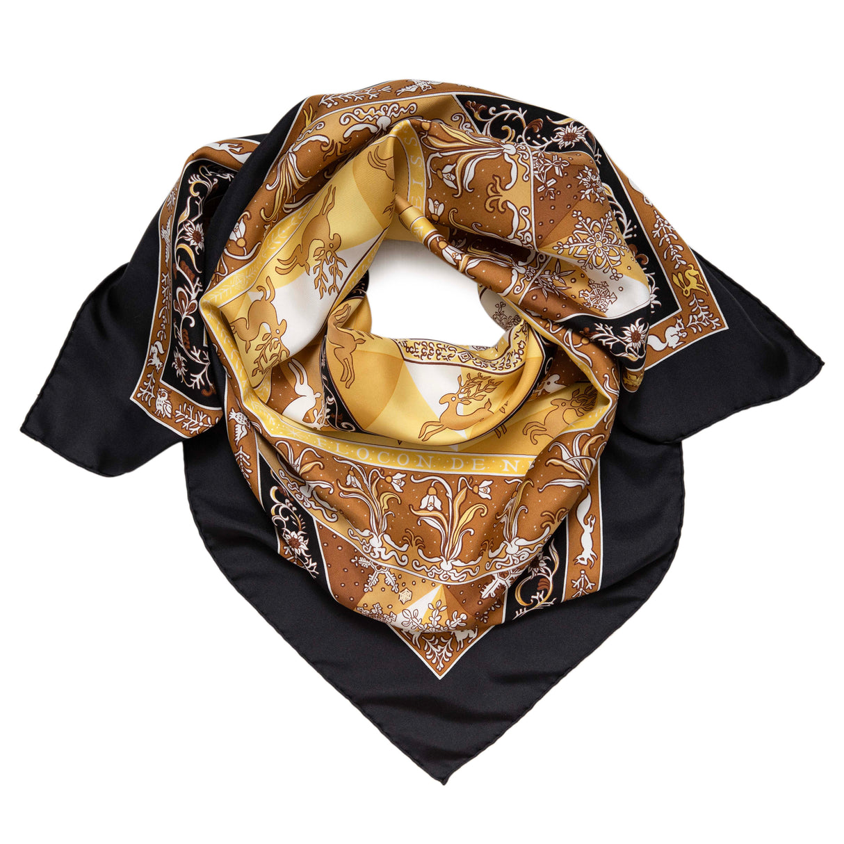 Hermes Noir Jaune Or Silk Fleurs D'Hiver Scarf 90