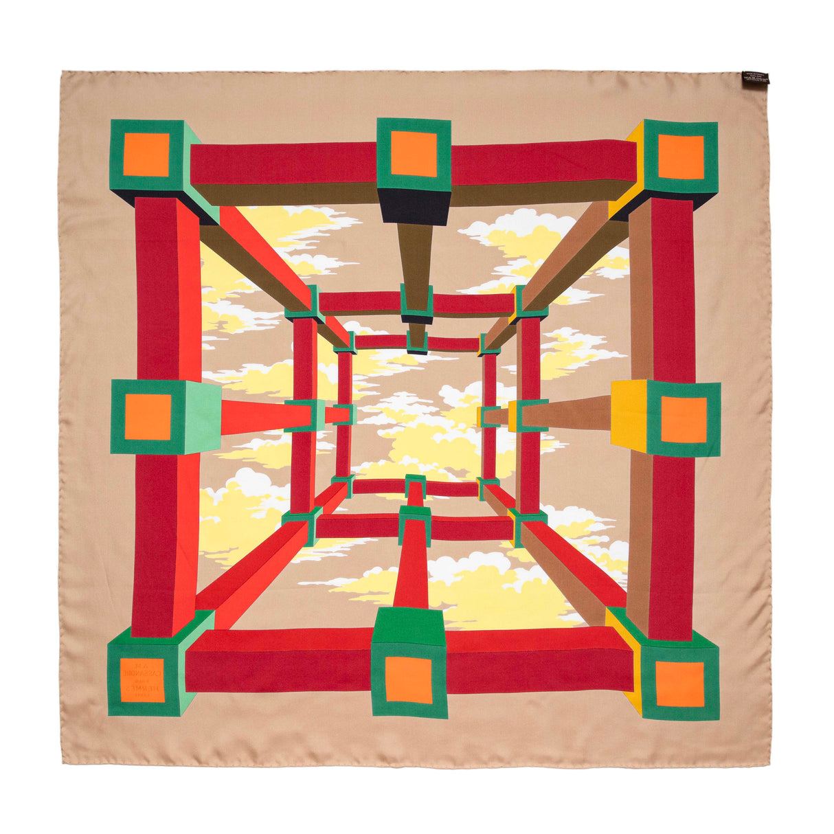 Hermes Beige Rouge H Jaune Silk Perspective II Cassandre Scarf 90