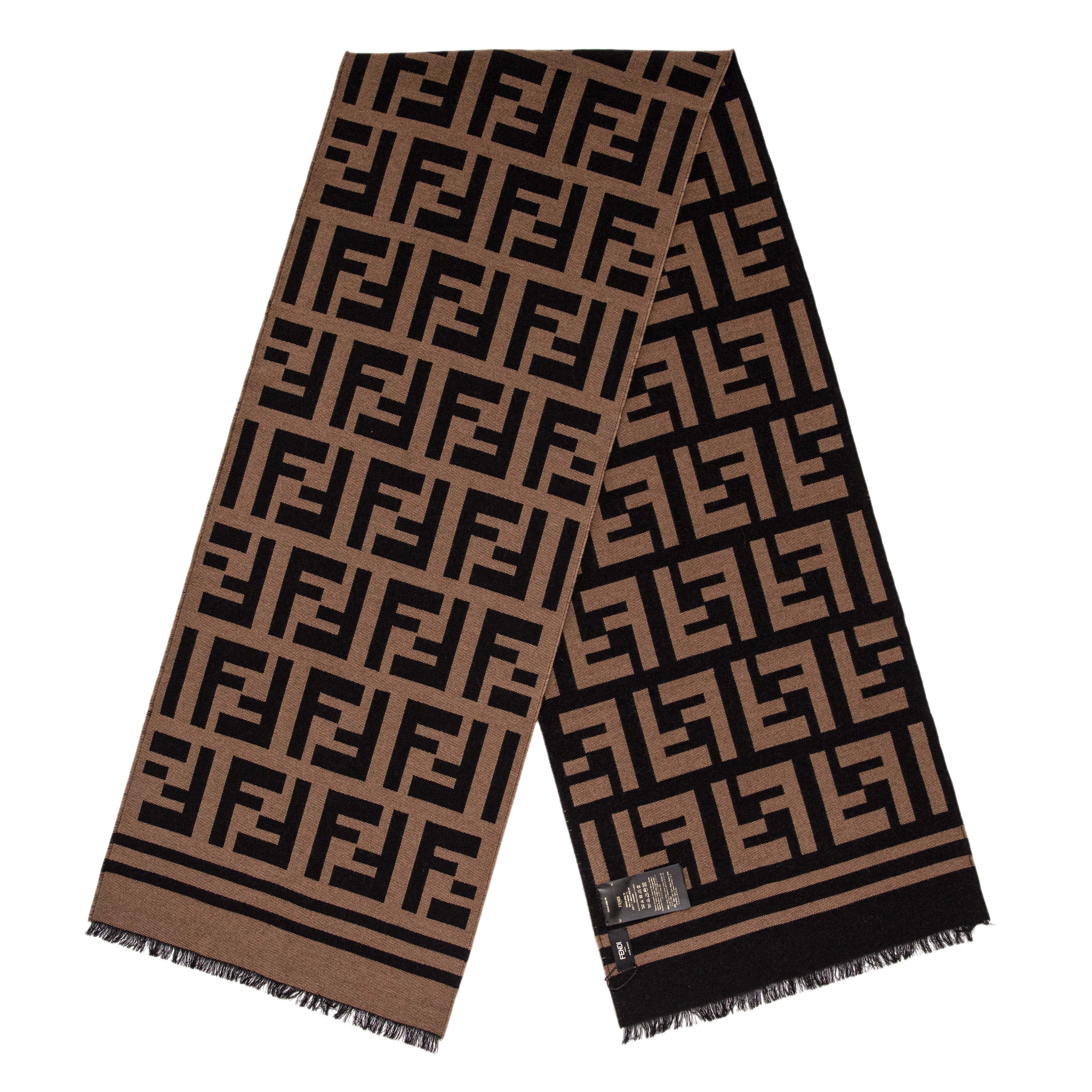 FENDI ブラウンウール&シルクスカーフ Fendi Brown Wool Silk FF Motif Scarf – Modaselle