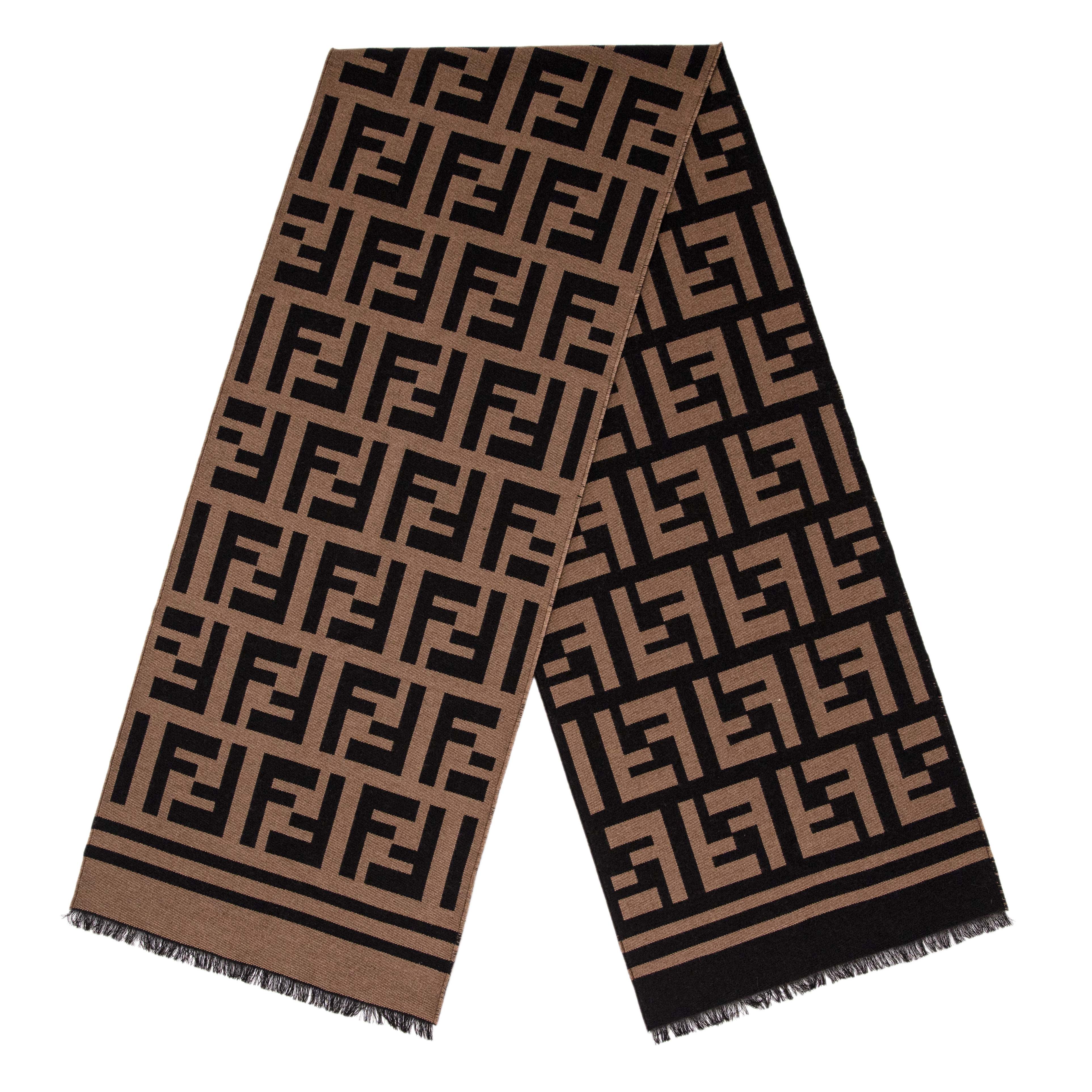 FENDI ブラウンウール&シルクスカーフ Fendi Brown Wool Silk FF Motif Scarf – Modaselle