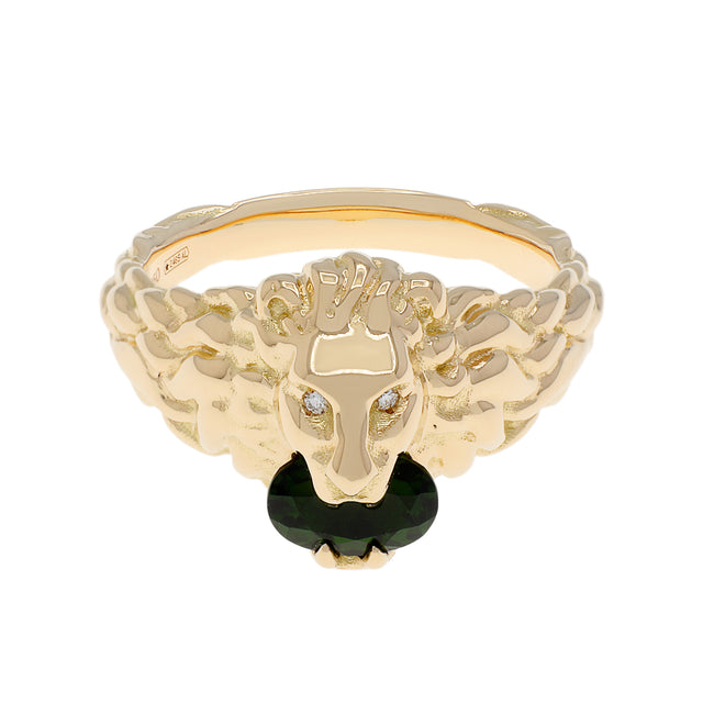 Gucci 18K Yellow Gold Diamond Chrome Diopside Lion Head Ring Designer Jewellery Gucci