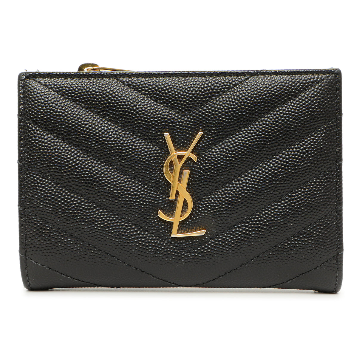 Saint Laurent Black Grain De Poudre Matelasse Chevron Monogram Zipped Two-Part Wallet