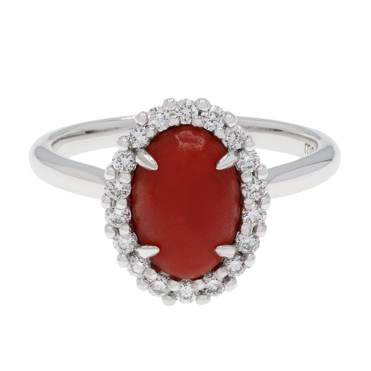 18K White Gold Cabochon Coral Halo Diamond Ring Fine Jewellery Modaselle