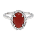 18K White Gold Cabochon Coral Halo Diamond Ring Fine Jewellery Modaselle