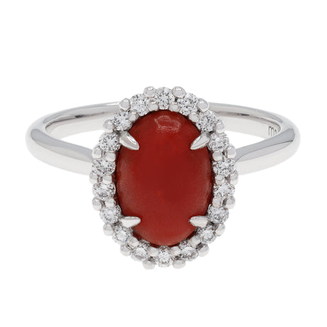 18K White Gold Cabochon Coral Halo Diamond Ring Fine Jewellery Modaselle