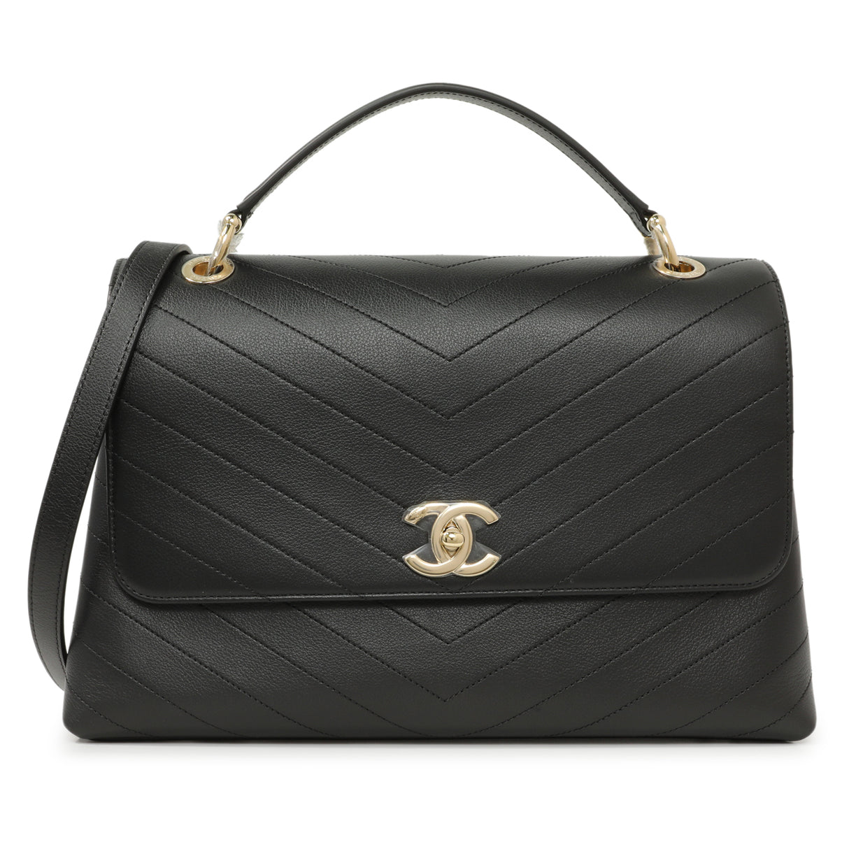 Chanel Black Calfskin Medium Chevron Chic Top Handle Flap