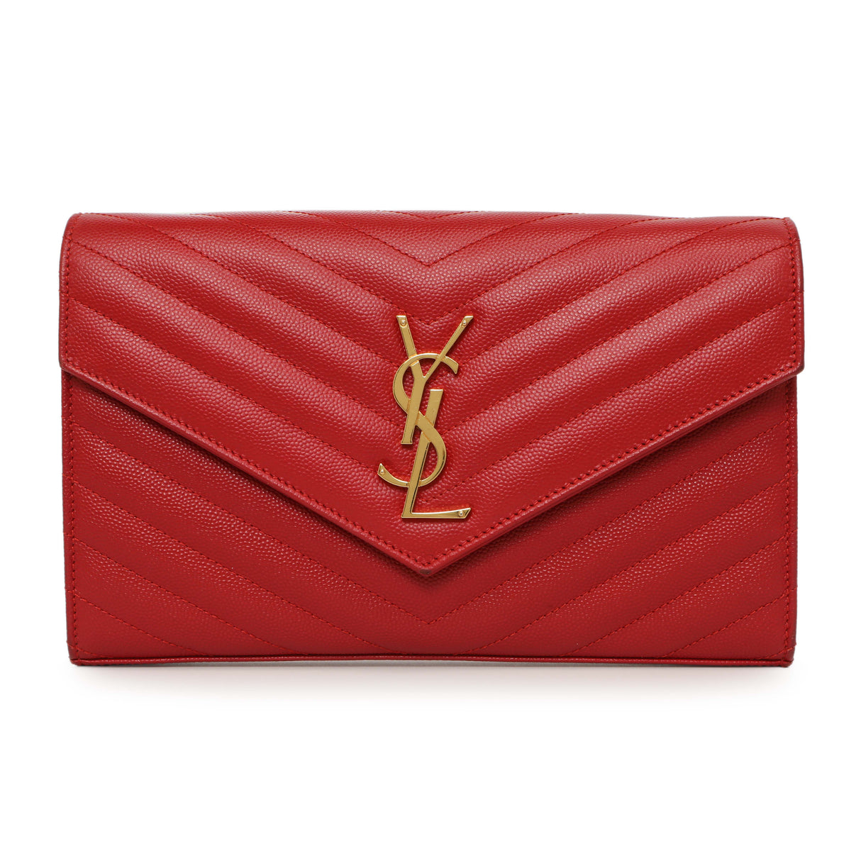 Saint Laurent Red Grain De Poudre Matelasse Chevron Monogram Chain Wallet