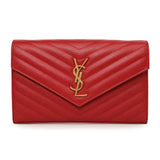 Saint Laurent Red Grain De Poudre Matelasse Chevron Monogram Chain Wallet