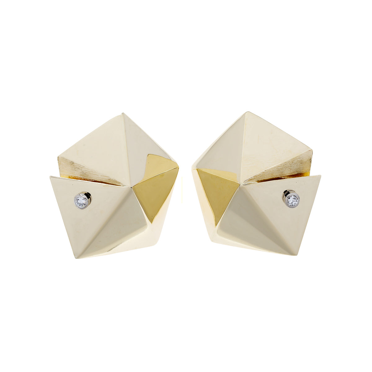 18K Yellow Gold 0.10 Carat Diamond Origami Fold Pentagon Earrings