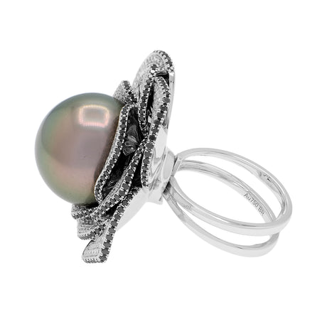 18K White Gold 17.0mm Tahitian Pearl Convertible Floral Pendant Ring Fine Jewellery Modaselle