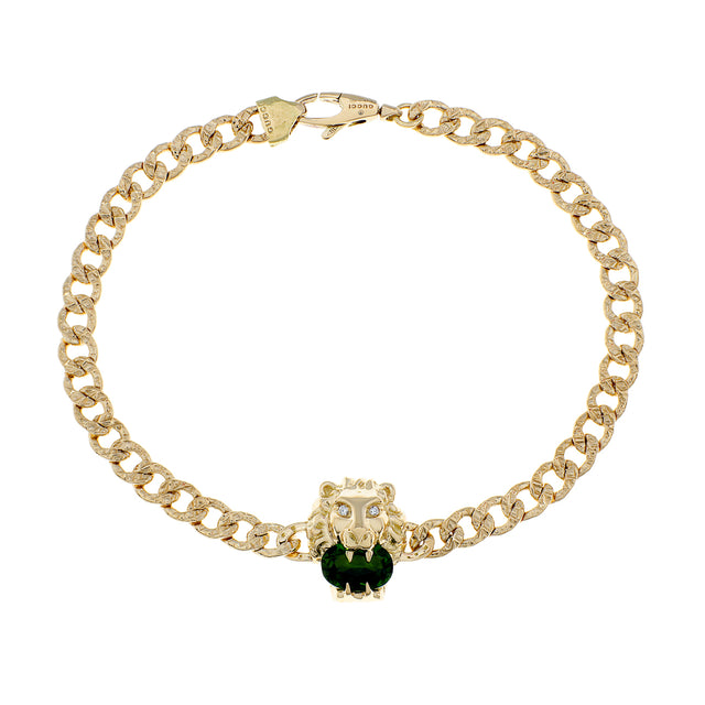 Gucci 18K Yellow Gold Diamond Chrome Diopside Lion Head Bracelet Designer Jewellery Gucci