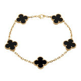 Van Cleef & Arpels 18K Yellow Gold Onyx Vintage Alhambra 5 Motif Bracelet