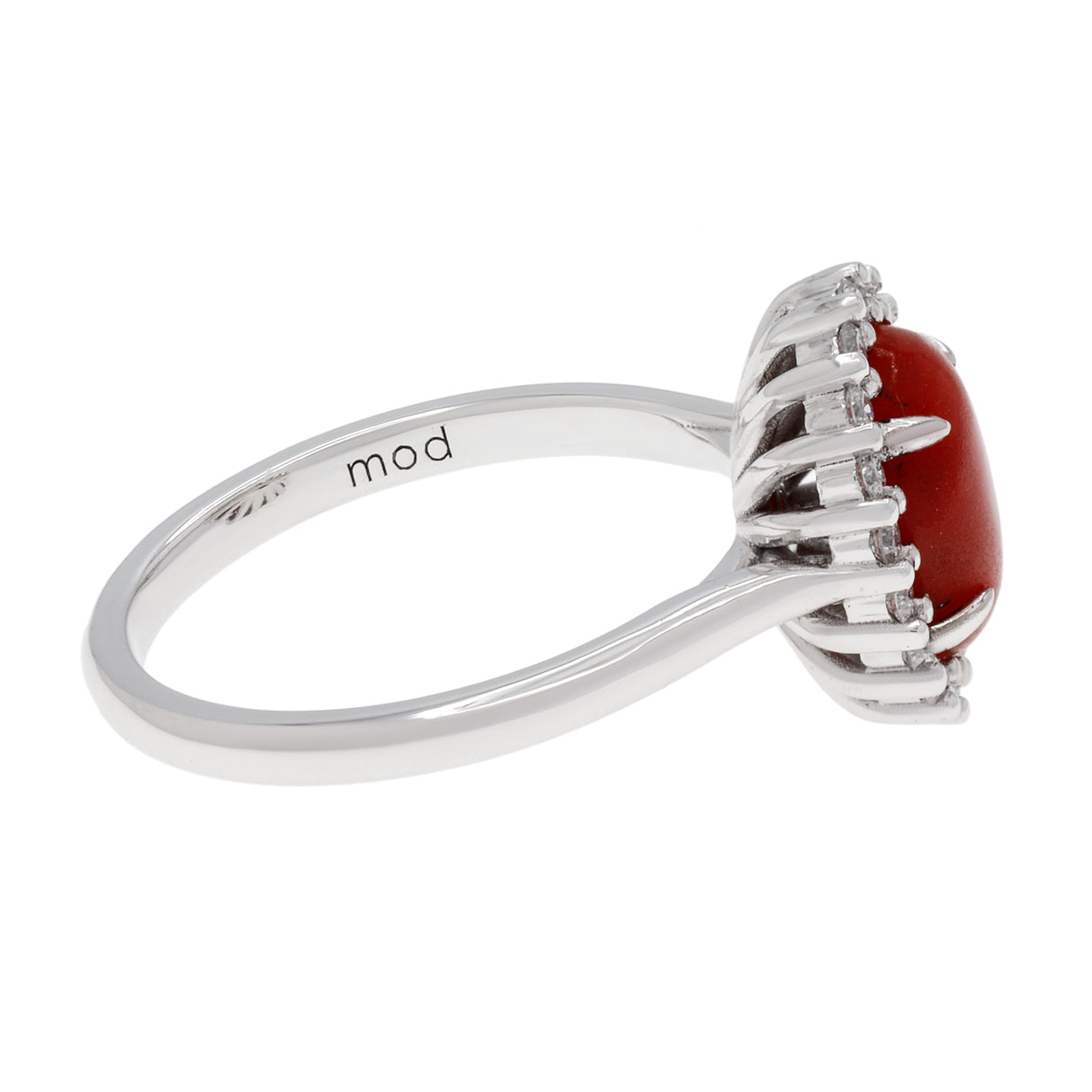 18K White Gold Cabochon Coral Halo Diamond Ring Fine Jewellery Modaselle