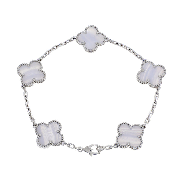 Van Cleef & Arpels 18K White Gold Chalcedony 5 Motifs Vintage Alhambra Bracelet Designer Jewellery Van Cleef and Arpels