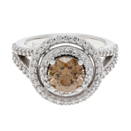 14K White Gold 1.57 Carat Fancy Vivid Brown Diamond Double Halo Ring Fine Jewellery Modaselle