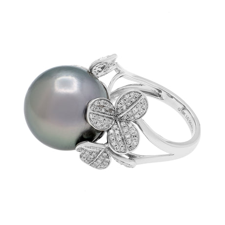 18K White Gold 14.1mm Tahitian Black Pearl Diamond Diamond Blossom Ring Fine Jewellery Modaselle