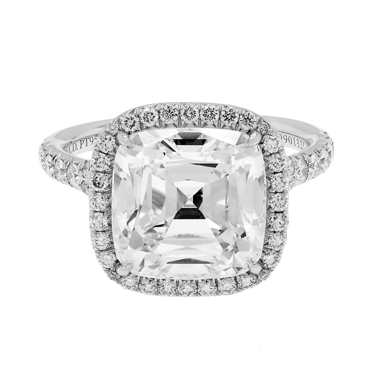 Tiffany & Co. Platinum 4.59 Carat Cushion Cut Diamond Soleste Halo Engagement Ring