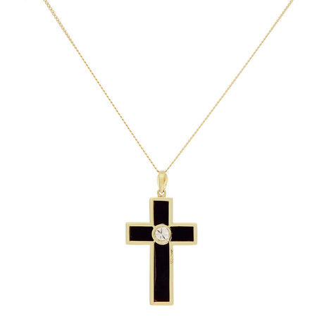 18K Yellow Gold 0.30 Carat Diamond Onyx Cross Pendant