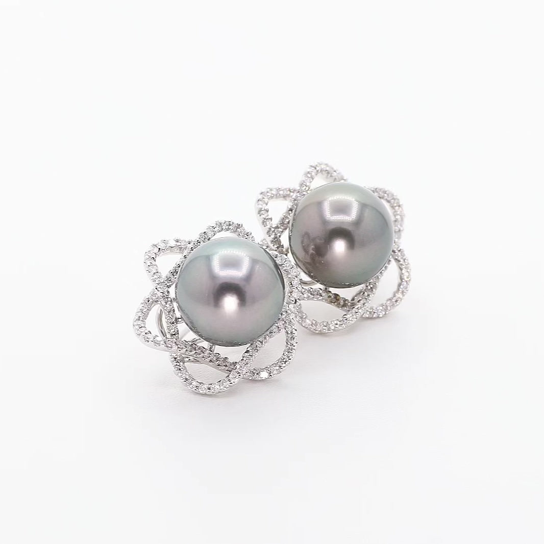 18K White Gold Diamond Framed Tahitian Black Pearl Earrings Fine Jewellery Modaselle