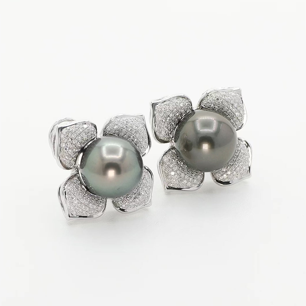 18K White Gold 12.0mm Tahitian Pearl & Diamond Earrings Fine Jewellery Modaselle