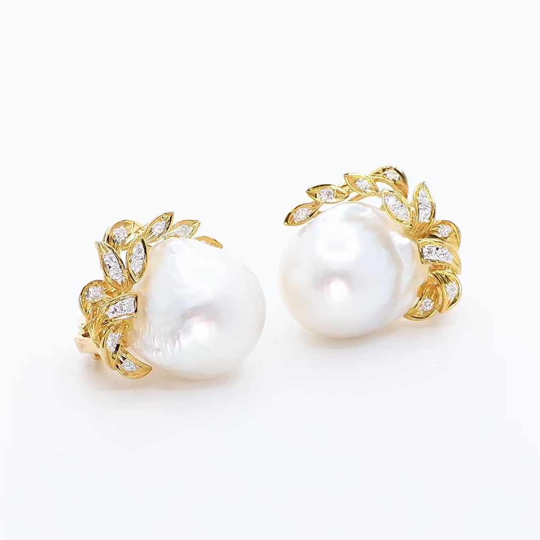 18K Yellow Gold South Sea Pearl 0.28 Carat Diamond Earrings Fine Jewellery Modaselle