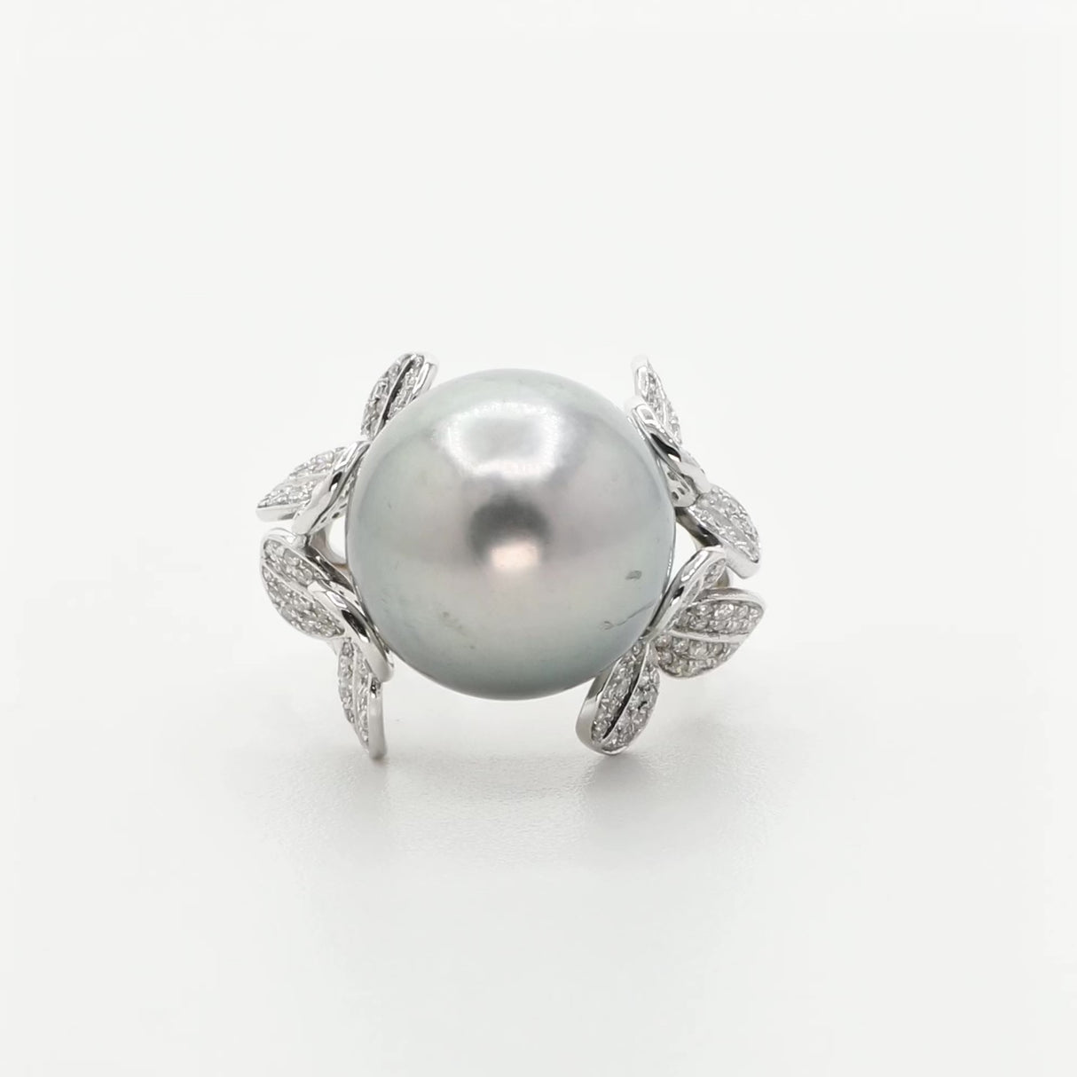 18K White Gold 14.1mm Tahitian Black Pearl Diamond Diamond Blossom Ring Fine Jewellery Modaselle