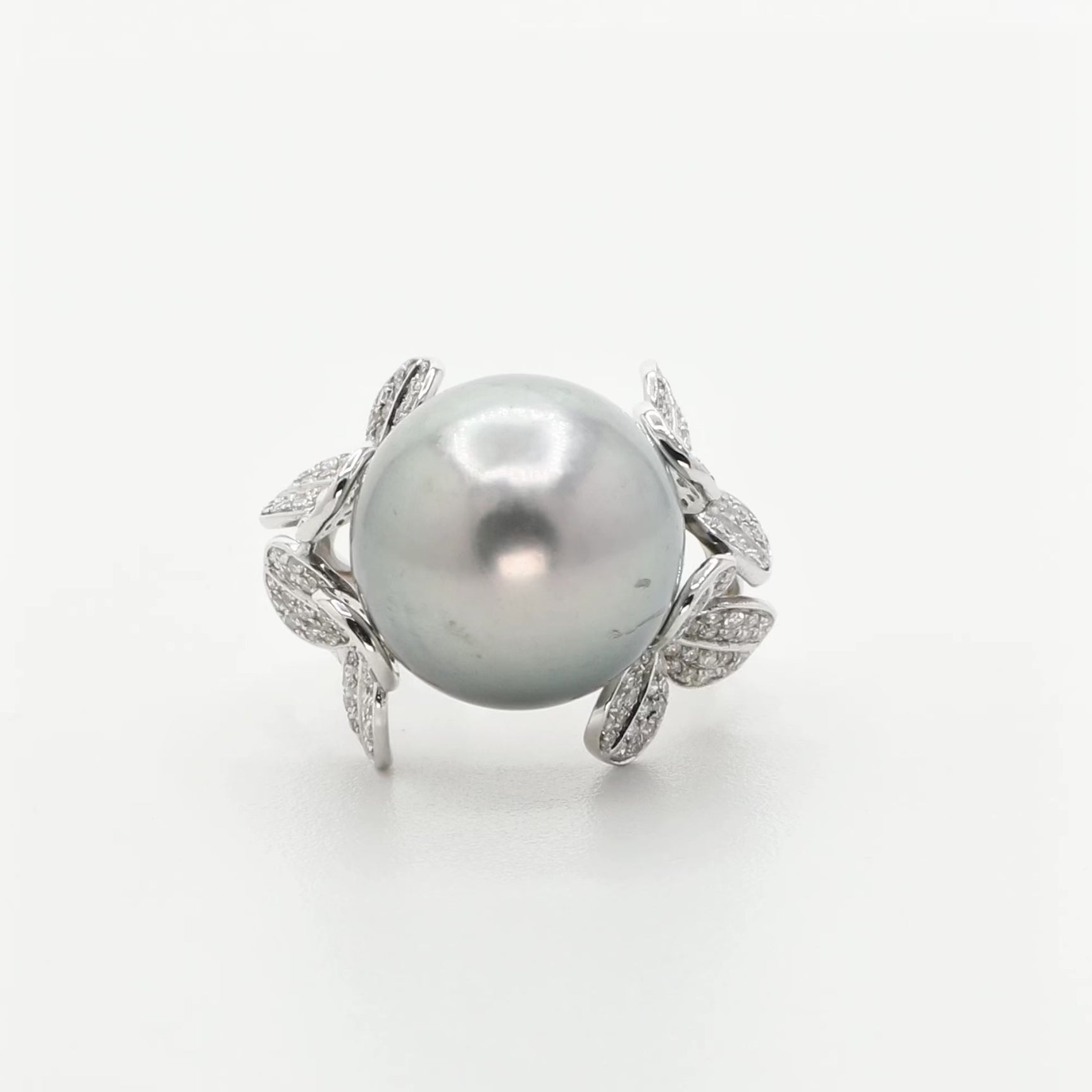 18K White Gold 14.1mm Tahitian Black Pearl Diamond Diamond Blossom Ring Fine Jewellery Modaselle