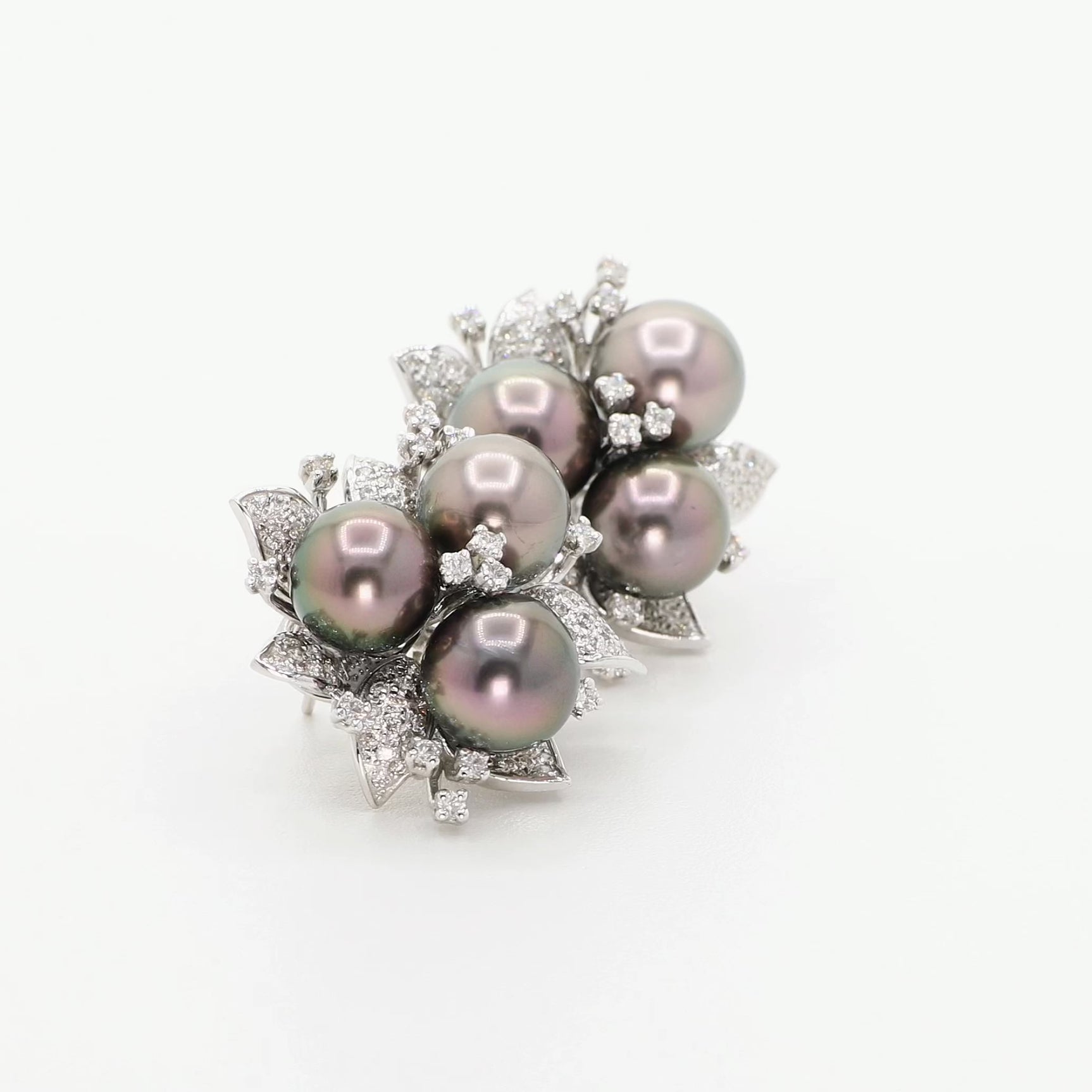 18K White Gold Trefoil Cluster Tahitian Pearl Floral Earrings Fine Jewellery Modaselle