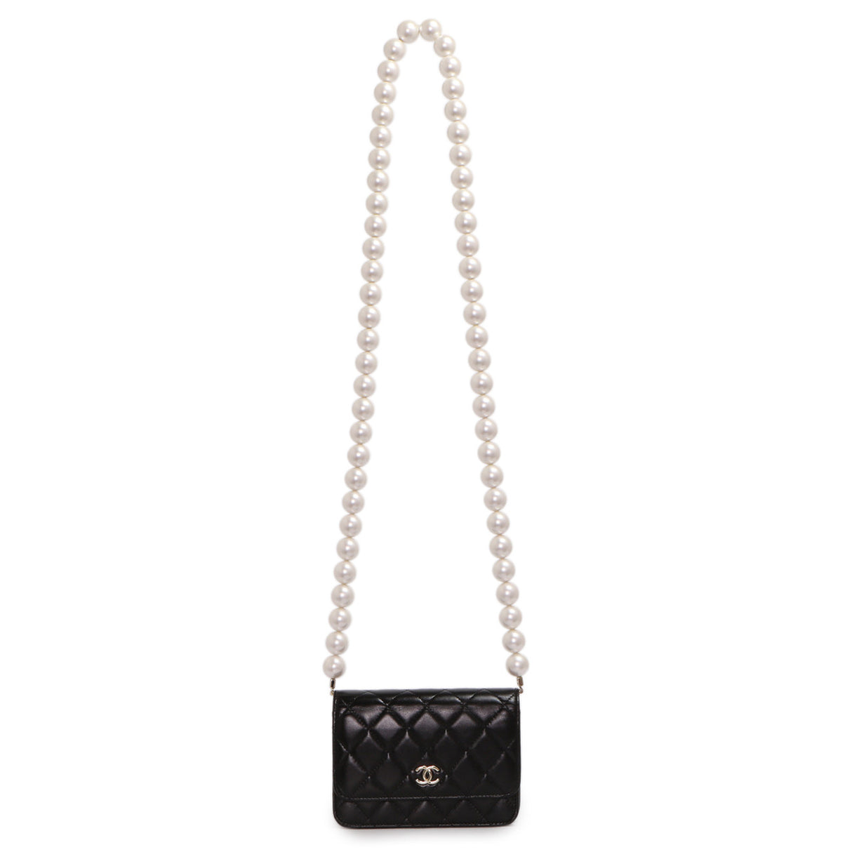Chanel Black Quilted Calfskin Mini Maxi Pearls Wallet On Chain WOC