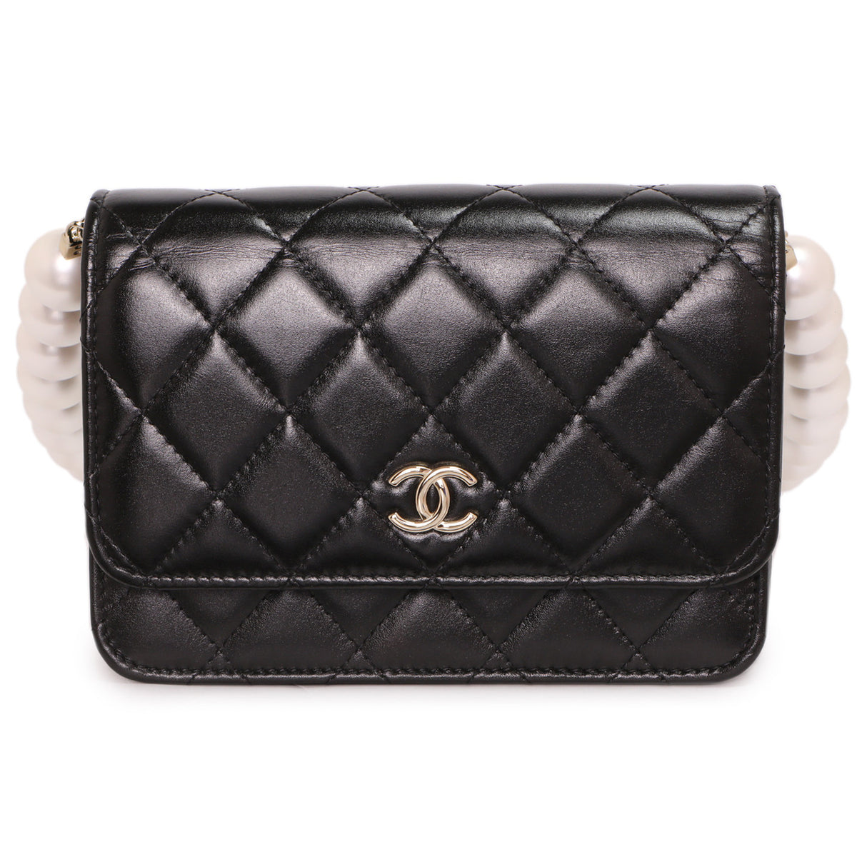 Chanel Black Quilted Calfskin Mini Maxi Pearls Wallet On Chain WOC