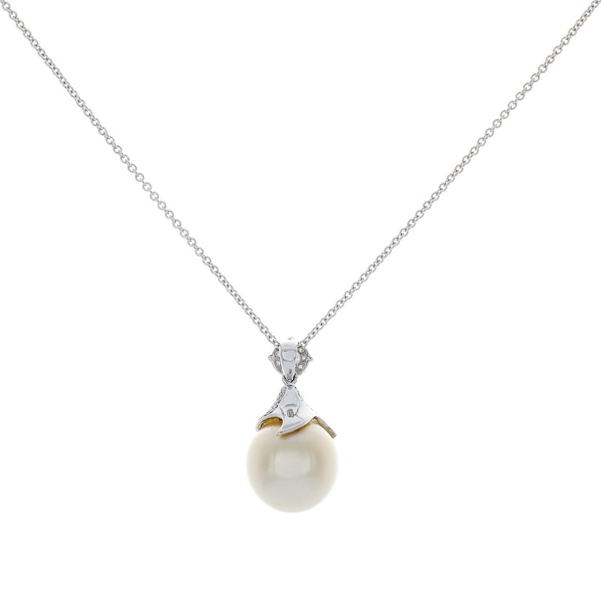 14K White Gold South Sea Pearl Diamond Pendant Necklace