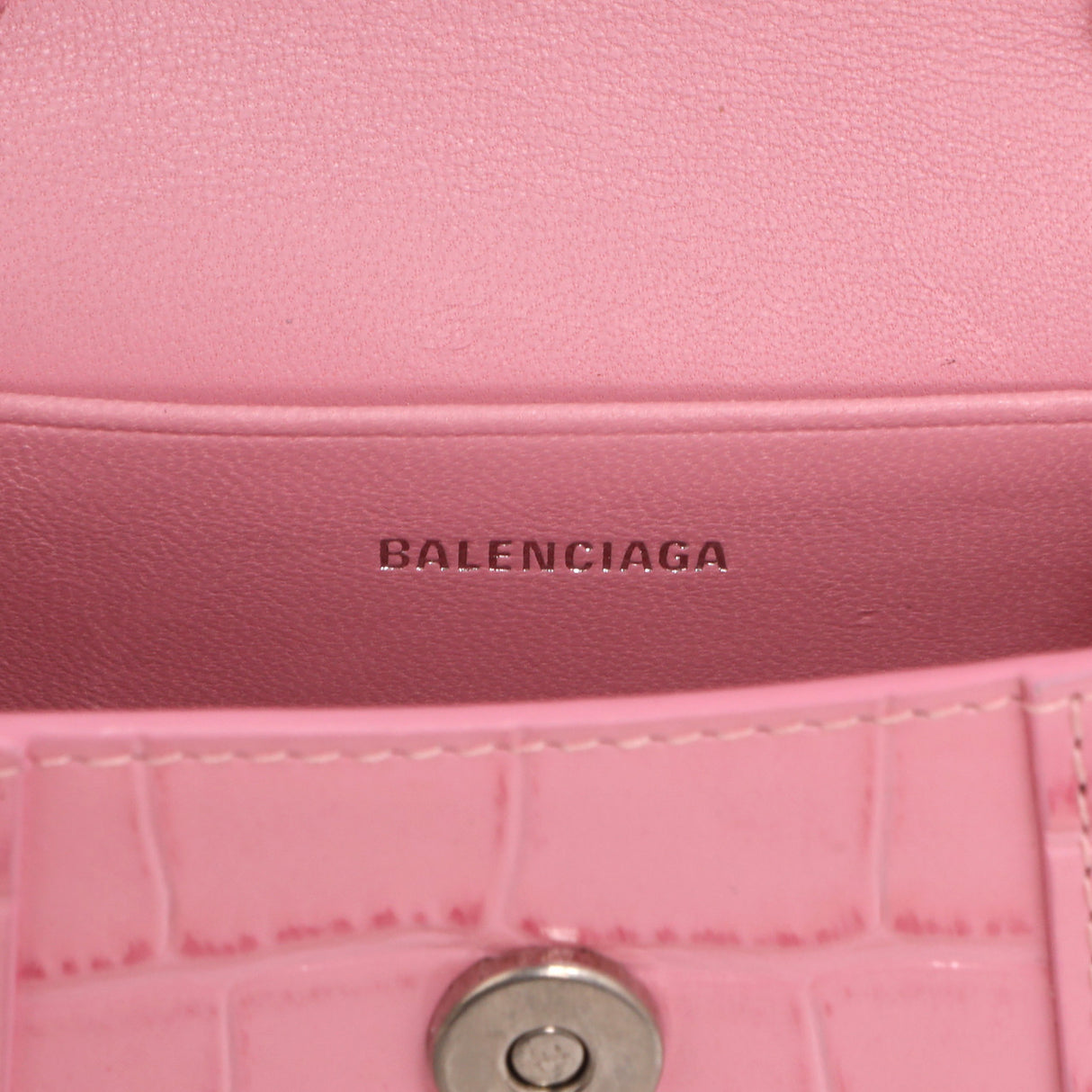 Balenciaga Pink Crocodile Embossed Shiny Calfskin Mini Hourglass Top Handle Bag